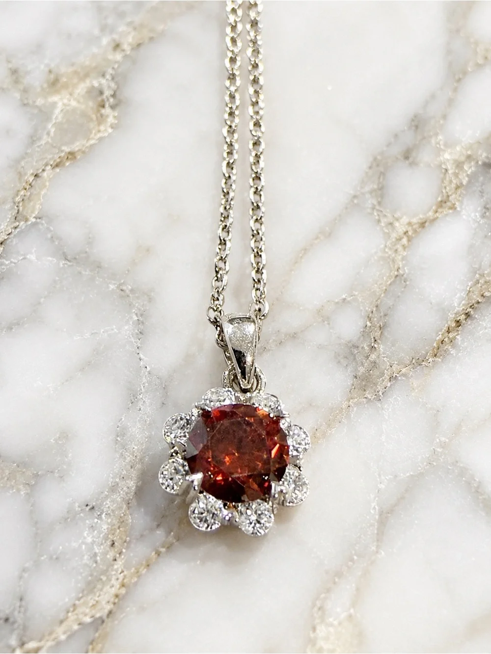 GRA Graded Watermelon Red Moissanite Halo Necklace | 1 Ct | Sterling Silver